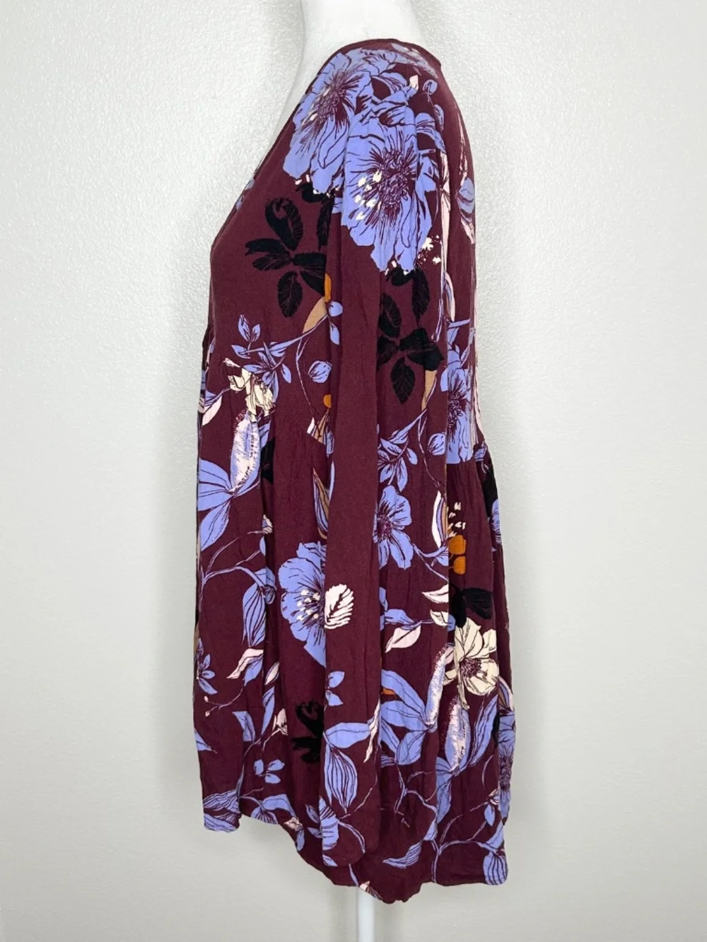 Free People Womens Maroon & Purple Floral V-Neck Smocked Long Sleeve Tunic Top L - Picture 5 of 10